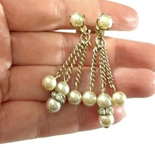 Faux Pearl Rhinestone Dangle Earrings – Gold Tone Chain Drop Screw-Back ... - $16.95