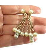 Faux Pearl Rhinestone Dangle Earrings – Gold Tone Chain Drop Screw-Back ... - $23.25 CAD