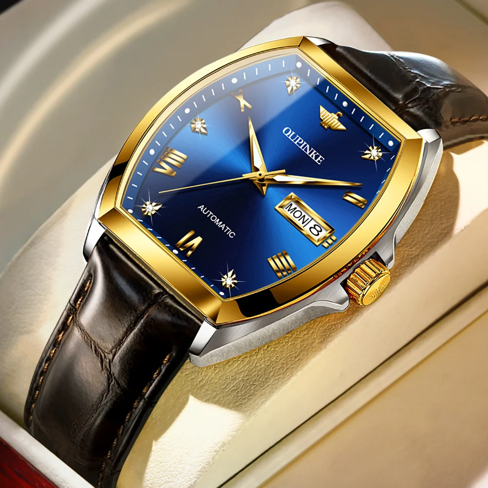 OUPINKE   Automatic Mechanical Watch Wine Barrel Dial Sapphire Mirror Leather St