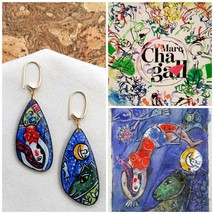 Handpainted wood Dangle Resin earring inspired by Mark Chagall Art The Circus. - £41.40 GBP