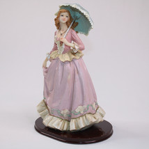 Vintage Lady With Umbrella Wood Base 9 Inches Tall Figurine Pink Ruffle Dress - $14.45