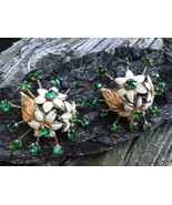Vintage White Enamel Flowers with Green Crystal Spray Sterling Clip On E... - £25.71 GBP