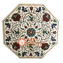 38&quot; White Marble Octagon Dining Table Top Marquetry Bird Floral Inlay Decor E532 - £1,322.90 GBP