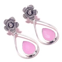 Rose Quartz Pear Gemstone 925 Silver Overlay Handmade Flower Drop Dangle Earring - $11.95