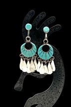 Loretta Maetza Signed Zuni Sterling Silver Blue Turquoise Inlay Dangle Earrings - £80.41 GBP