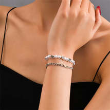 Pearl &amp; Silver-Plated Floral Stretch Bracelet Set - £11.07 GBP