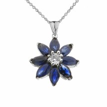 Solid 14k White Gold Genuine Sapphire and Diamond Daisy Pendant Necklace - £145.01 GBP+