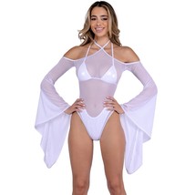 Sheer Mesh Romper Long Bell Sleeves Flared Draped Halter Straps White 6497 - £38.75 GBP