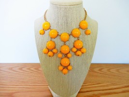 Vtg gold tone &amp; yellowy orange plastic cabochon beaded bib collar necklace - $20.00