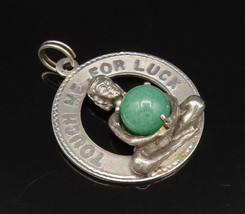 925 Sterling Silver - Vintage Touch Me For Luck Jade Medal Pendant - PT2... - £33.34 GBP