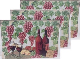 Set Of 3 Tapestry Placemats,12&quot;x18&quot;,LOTS Of GRAPES,2 Wine Bottles &amp; 2 Glasses,Hc - £12.56 GBP