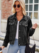 Pearl Detail Collared Neck Long Sleeve Denim Jacket - £44.26 GBP