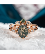 Luxurious Oval Moss Agate Ring Set Nature-Inspired Design with Moissanite - $980.00+