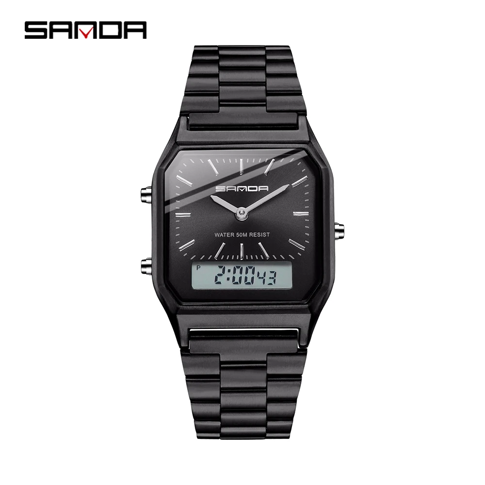 SANDA  Men&#39;s Black Stainless Steel  Women Fashion LED Digital Clock Waterproof   - £49.20 GBP