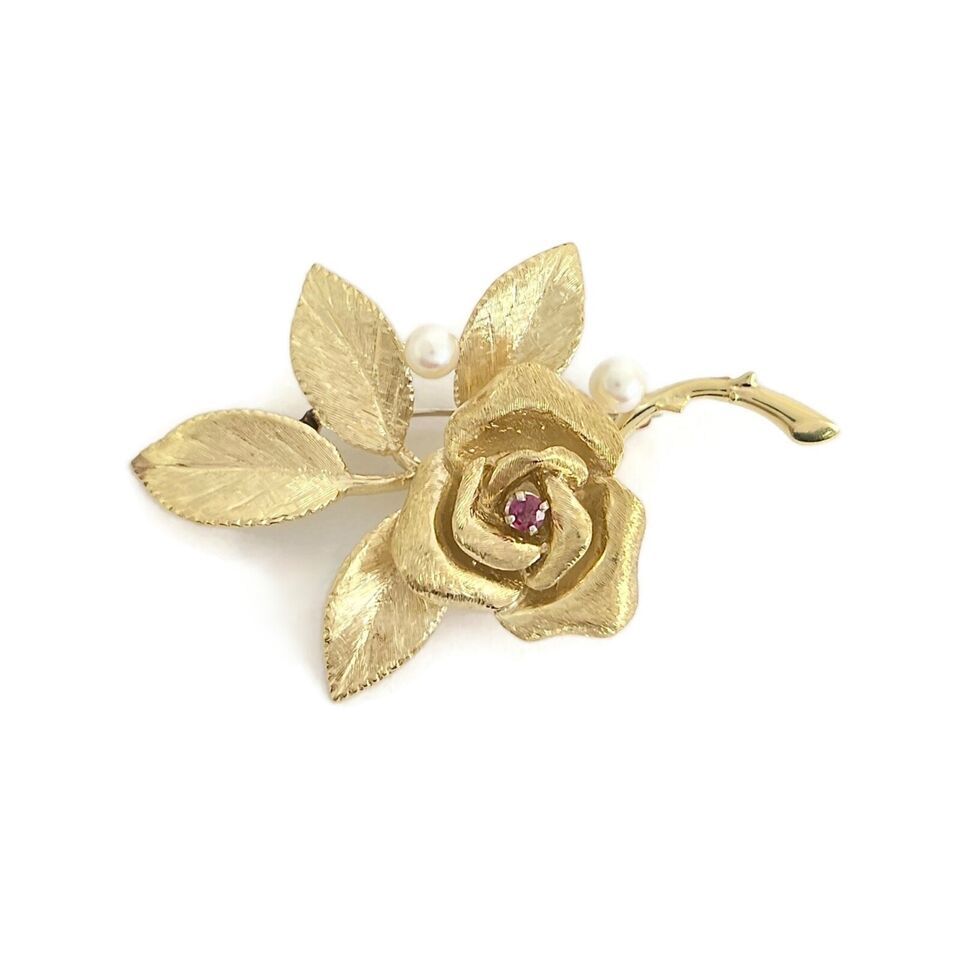 Primary image for Vintage 1950's 1960's Pearl Ruby Flower Rose Brooch Pin 14K Yellow Gold 13.51 Gr