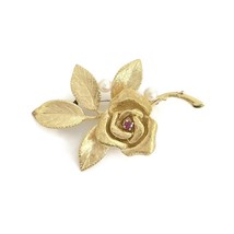 Vintage 1950&#39;s 1960&#39;s Pearl Ruby Flower Rose Brooch Pin 14K Yellow Gold 13.51 Gr - £1,249.10 GBP