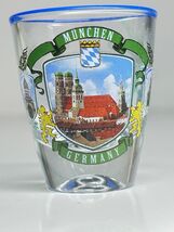 Munich Germany Souvenir Shot Glass With Colorful Cityscape &amp; Crest Design - $5.91