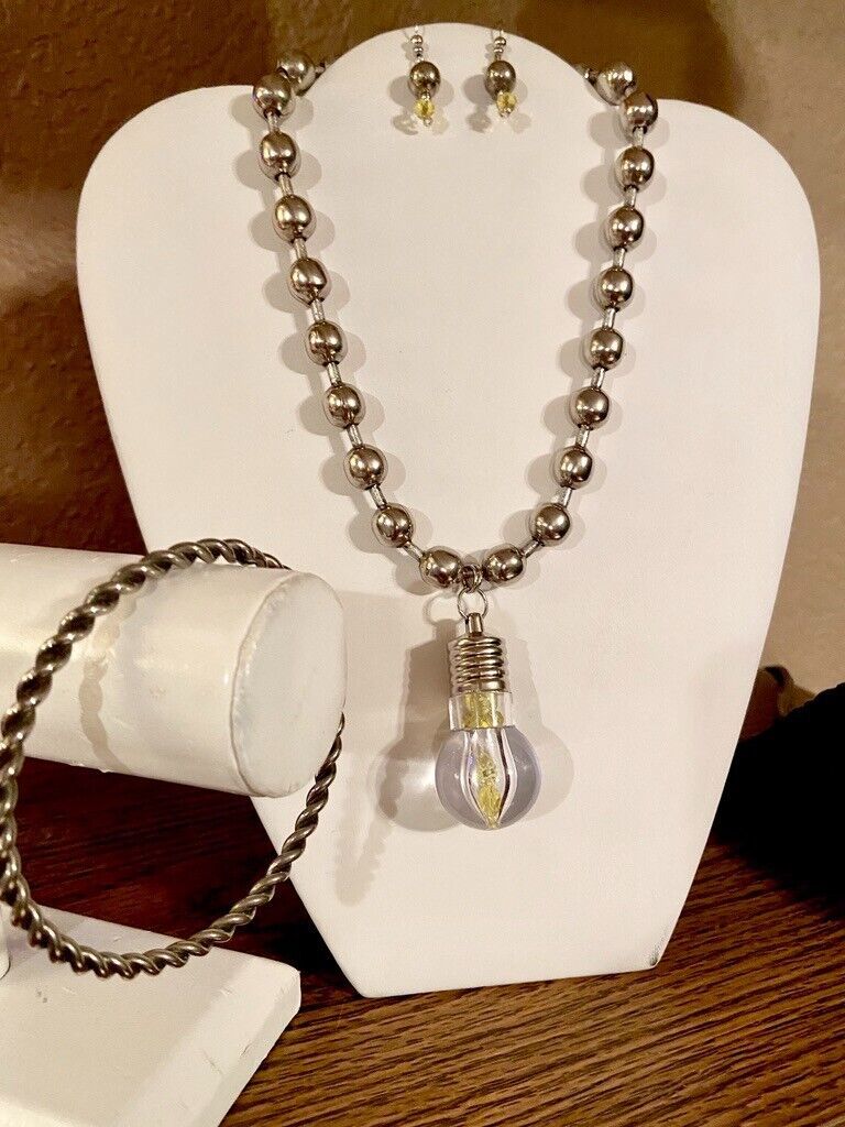 OOAK Handcrafted Silver tone Edison bulb Necklace and Earrings Set - $22.00