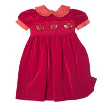 Vintage Red Velvet Girls Dress W/ Embroidered Roses &amp; Peter Pan Collar S... - $28.80