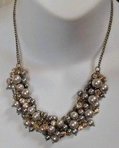 Signed LOFT Faux Pearl &amp; Clear Rhinestone Cluster Necklace 19.5&quot; -Adjustable - £19.78 GBP