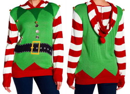 Elf Bells Holiday Hooded Top Large Christmas Shiny Big Buttons Real Bells PomPom - £38.68 GBP