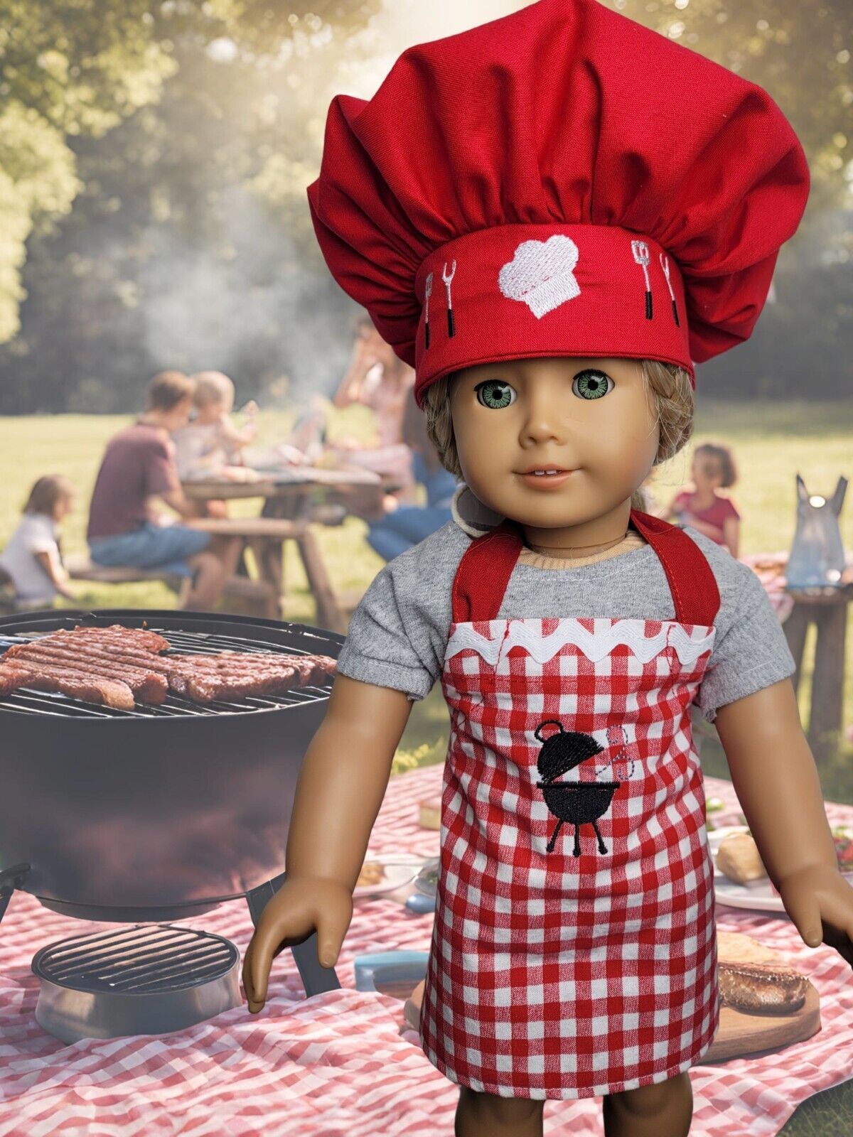 Primary image for Doll Clothes Barbecue Apron Set and Chef Hat fits 18" American Girl Dolls Picnic