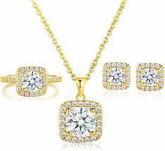 Jewelry Set for Women 18K Rose Gold Plated Halo Cubic Zirconia Necklace Earrings - £34.78 GBP