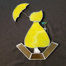 Vintage Stained Glass Yellow SunCatcher Girl In Raincoat With Flowers &amp; Umbrella - £11.73 GBP