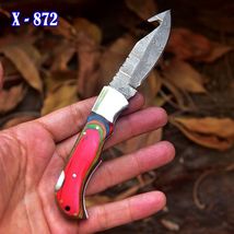 Real Damascus Folding Gut-Hook Blade Pocket Knife Skinning Tactical Outdoor - $23.72