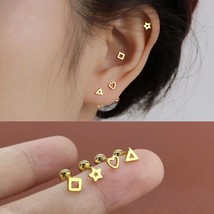 Women&#39;s Gold Small Star Heart Triangle Crown Ear Stud Earrings Surgical Steel - £8.00 GBP