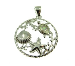 Solid 925 Sterling Silver &amp; White Lab Opal Seashell Starfish Sea Turtle Pendant - £21.15 GBP