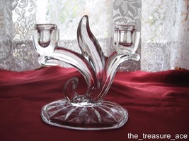 Vtg Indiana Glass Double Light Clear Candlestick Holder Deco &quot;Lotus Blossom&quot; - £11.89 GBP
