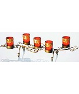 Gold Metal 5 Light Scroll Design Candle Holder with Red &amp; Gold Glass Vot... - £31.00 GBP
