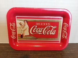 Vintage Very Small Coke Brand Tray Depicting 1907 Trolley Car Advertisement - $24.74