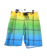 Hang Ten Board Shorts Mens 34 Yellow Green Blue Plaid Stretch Swim Trunk... - $16.43