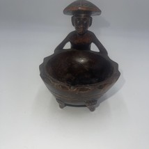 Vintage Thailand Wood Carved Sitting Man With Bowl - £31.71 GBP