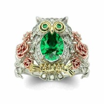2.80Ct Oval Cut Green Emerald Owl-Flower Ring 14K Yellow-Rose-White Gold Finish - £125.91 GBP