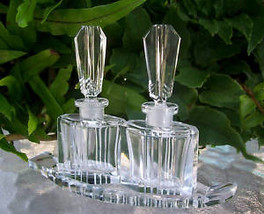 PAIR~Vintage Czech Perfume Bottles &amp; Tray~Signed~RARE~5&quot;Tall~Excellent C... - £232.32 GBP