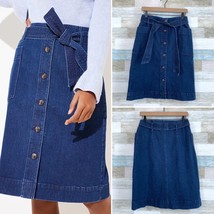 LOFT Tie Waist Denim Button Front Skirt Blue Indigo Patch Pocket Midi Wo... - £31.14 GBP
