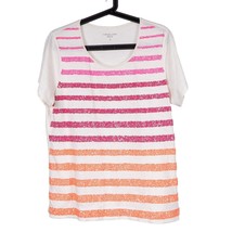 Coldwater Creek Sequin Shirt Women L 14 White Striped Pink Orange Cotton Stretch - £15.44 GBP