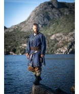 SALE! Viking Tunic with Leather Appliqués – XL Blue Medieval Garb - $79.99