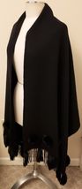 La Florentina Italy 100% Wool with Fur Trim Oversized Wrap Scarf Black - $108.88