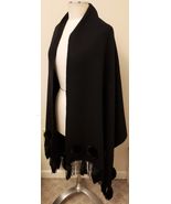 La Florentina Italy 100% Wool with Fur Trim Oversized Wrap Scarf Black - $108.88