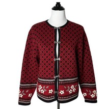 Woolrich Floral Print Wool Cardigan Sweater Red Black Japan Knit Women&#39;s... - £38.15 GBP