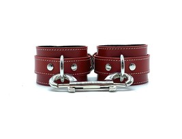 BDSM Red Leather 2&quot; Wide Tango Handcuffs &amp; Silver Hardware BDSM Submissive Cuffs - £91.92 GBP