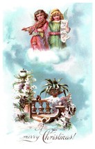 Postcard Merry Christmas Robed Angels Play Violin Over Snowy Winter Balcony 1907 - £7.89 GBP