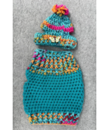 Dog Sweater &amp; Hat Set Small Teal Multicolor Handmade Crochet Pom Pom Puppy - $36.62