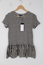 NWT Bobeau XS Black White Stripe Fuzzy Short Sleeve Peplum Sweater Top - £23.48 GBP