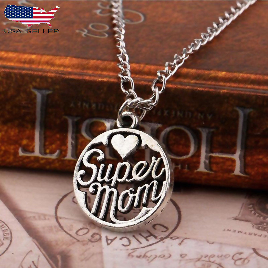 Primary image for Super Mom Daughter Son Love Mama Women Necklace Pendant for Mothers Day Gift