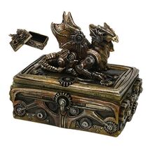 Steampunk Gears and Metal Dragon Jewelry Trinket Box Mythical Fantasy De... - $25.98